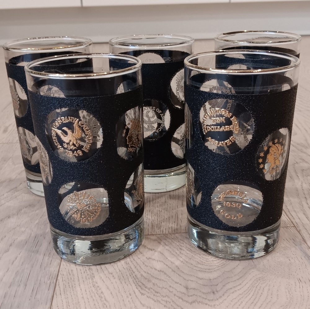 LIBBY MCM Vintage 1960's 22K Gold Coin Glassware Set Of 6